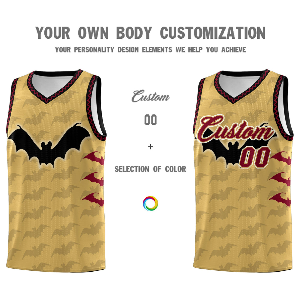 Custom Old Gold Crimson Bat Pattern Halloween Basketball Jersey | For Men,For Kid,For Youth,Sublimation Printed,Perfect for Training,Perfect for Parties,Add Name and Numbern | KXKSHOP