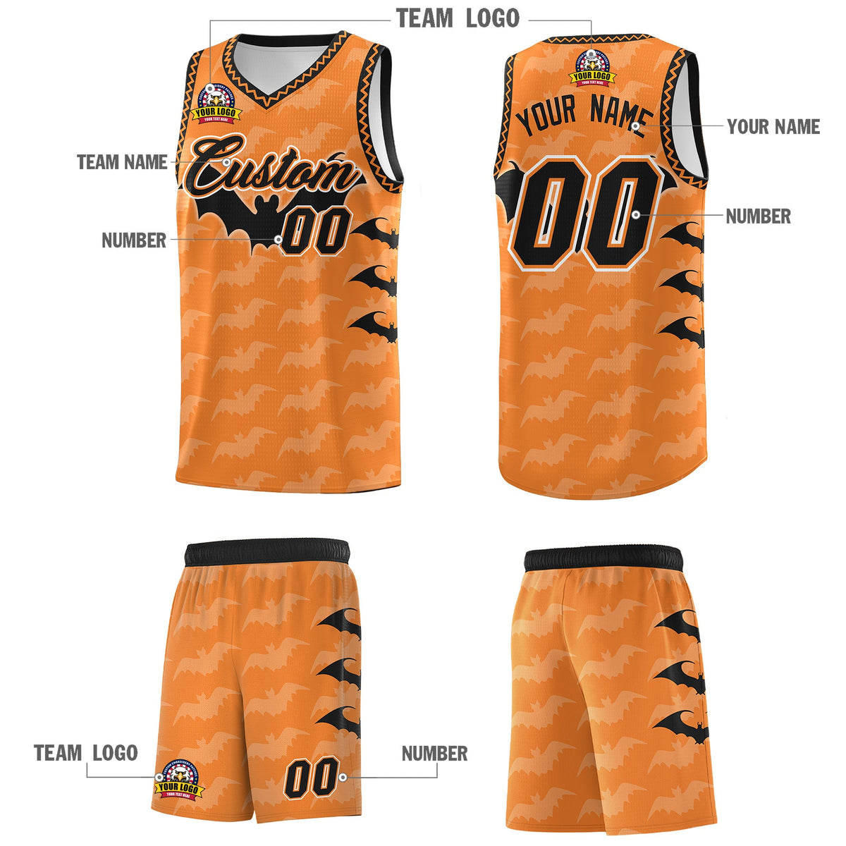 Custom Gold Orange Bat Pattern Halloween Basketball Jersey | For Men,For Kid,For Youth,Sublimation Printed,Perfect for Training,Perfect for Parties,Add Name and Numbern | KXKSHOP