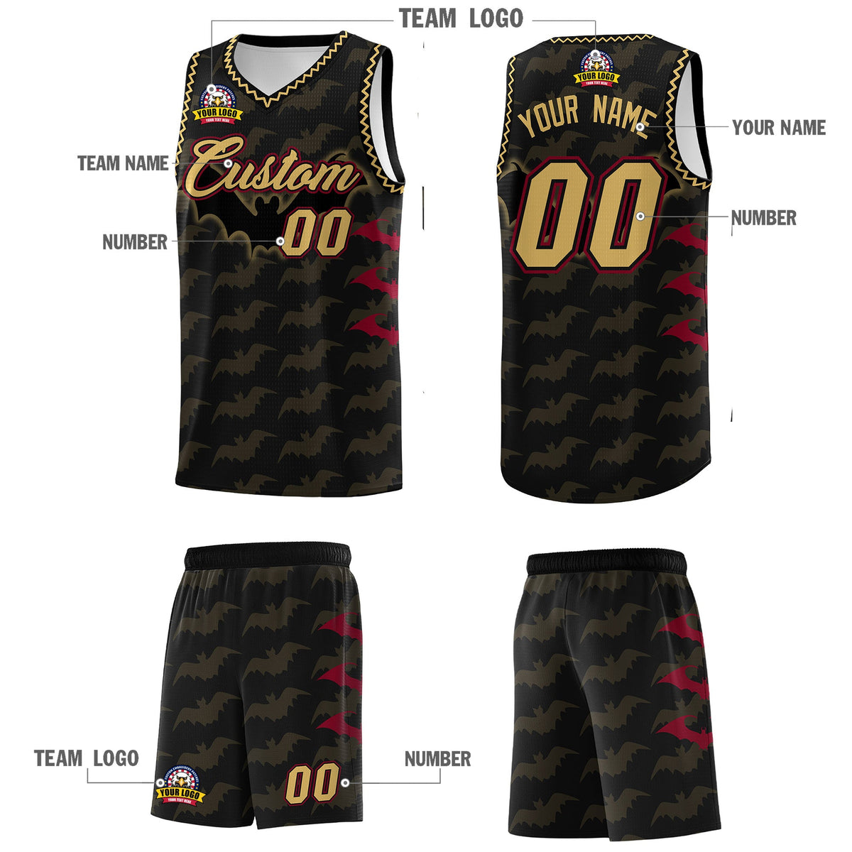 Custom Black Old Gold Crimson Bat Pattern Halloween Basketball Jersey | For Men,For Kid,For Youth,Sublimation Printed,Perfect for Training,Perfect for Parties,Add Name and Numbern | KXKSHOP