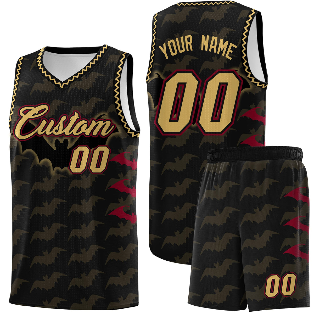 Custom Black Old Gold Crimson Bat Pattern Halloween Basketball Jersey | For Men,For Kid,For Youth,Sublimation Printed,Perfect for Training,Perfect for Parties,Add Name and Numbern | KXKSHOP