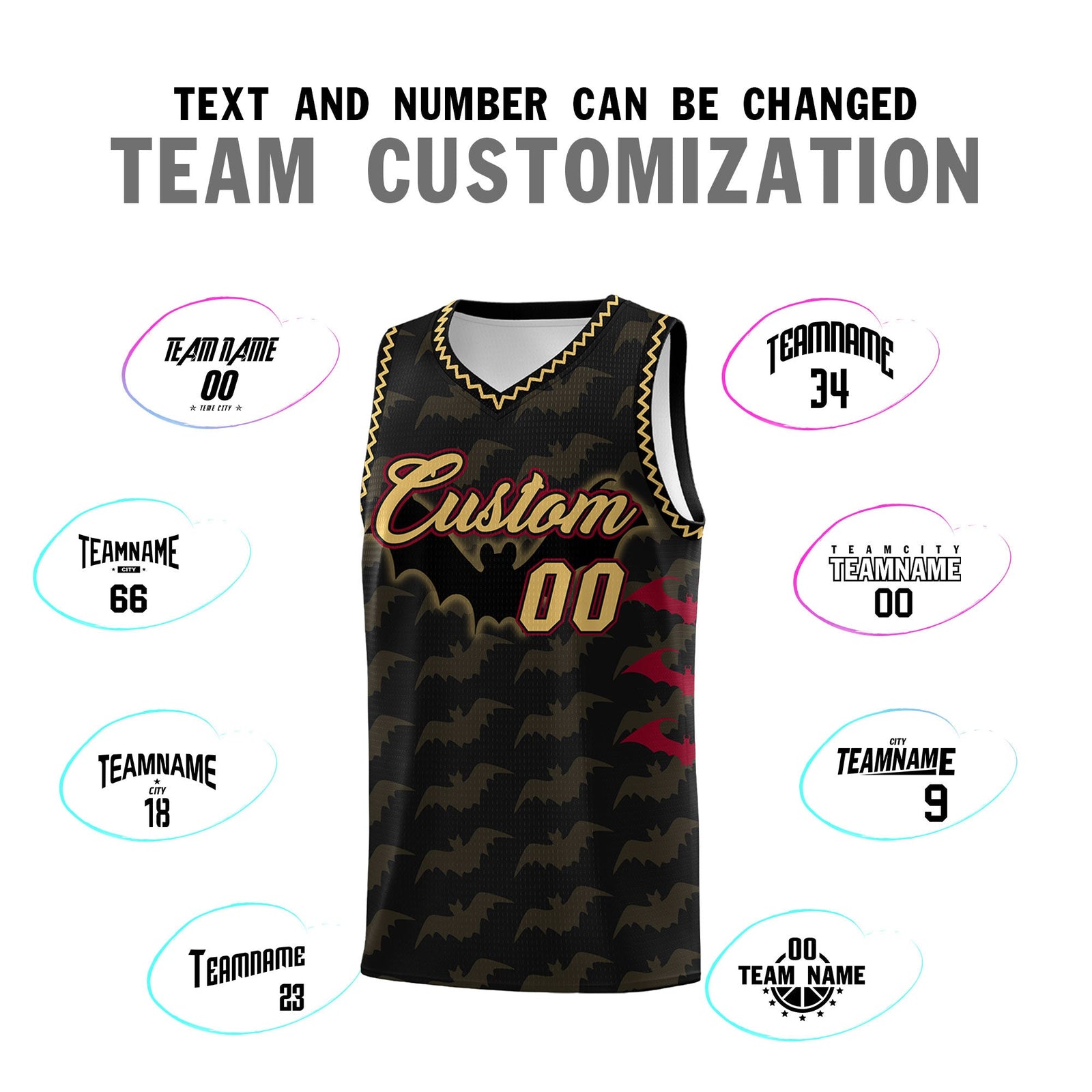 Custom Black Old Gold Crimson Bat Pattern Halloween Basketball Jersey | For Men,For Kid,For Youth,Sublimation Printed,Perfect for Training,Perfect for Parties,Add Name and Numbern | KXKSHOP