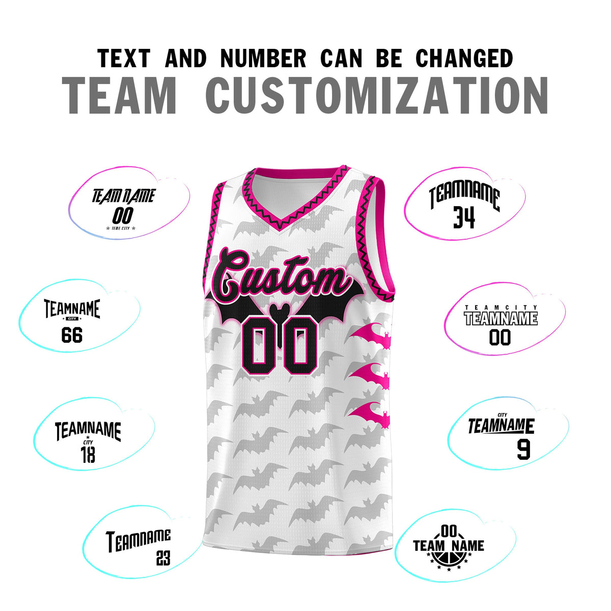 Custom White Pink Black Bat Pattern Halloween Basketball Jersey | For Men,For Kid,For Youth,Sublimation Printed,Perfect for Training,Perfect for Parties,Add Name and Numbern | KXKSHOP