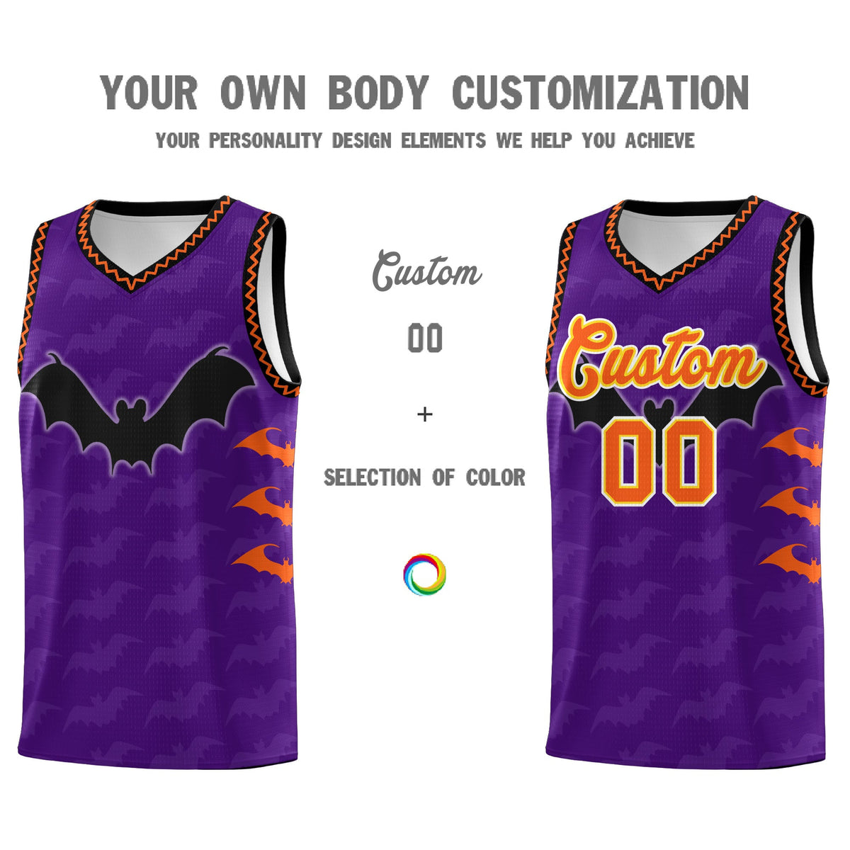 Custom Purple Orange Bat Pattern Halloween Basketball Jersey | For Men,For Kid,For Youth,Sublimation Printed,Perfect for Training,Perfect for Parties,Add Name and Numbern | KXKSHOP