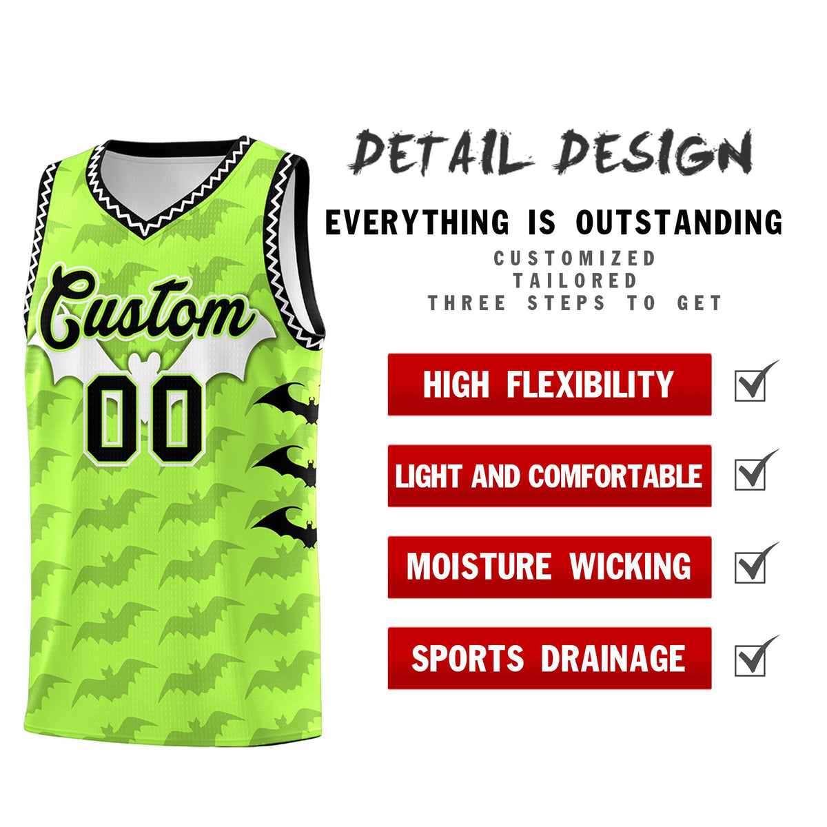 Custom Fluorescent Green White Bat Pattern Halloween Basketball Jersey | For Men,For Kid,For Youth,Sublimation Printed,Perfect for Training,Perfect for Parties,Add Name and Numbern | KXKSHOP