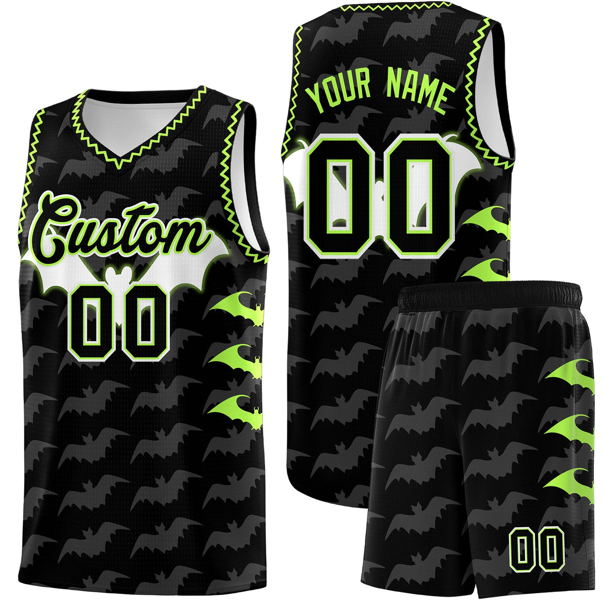 Custom Black Fluorescent Green Bat Pattern Halloween Basketball Jersey | For Men,For Kid,For Youth,Sublimation Printed,Perfect for Training,Perfect for Parties,Add Name and Numbern | KXKSHOP