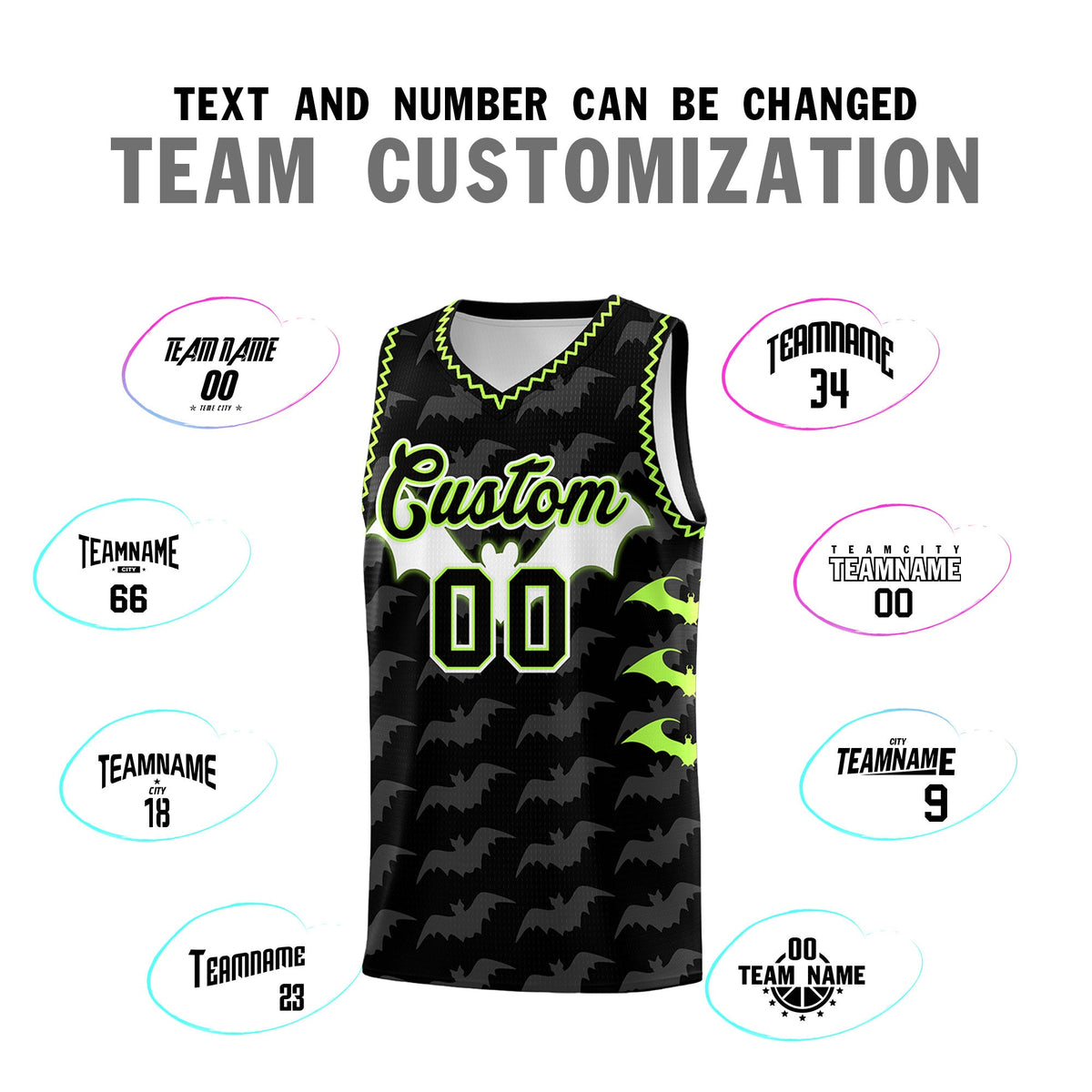 Custom Black Fluorescent Green Bat Pattern Halloween Basketball Jersey | For Men,For Kid,For Youth,Sublimation Printed,Perfect for Training,Perfect for Parties,Add Name and Numbern | KXKSHOP