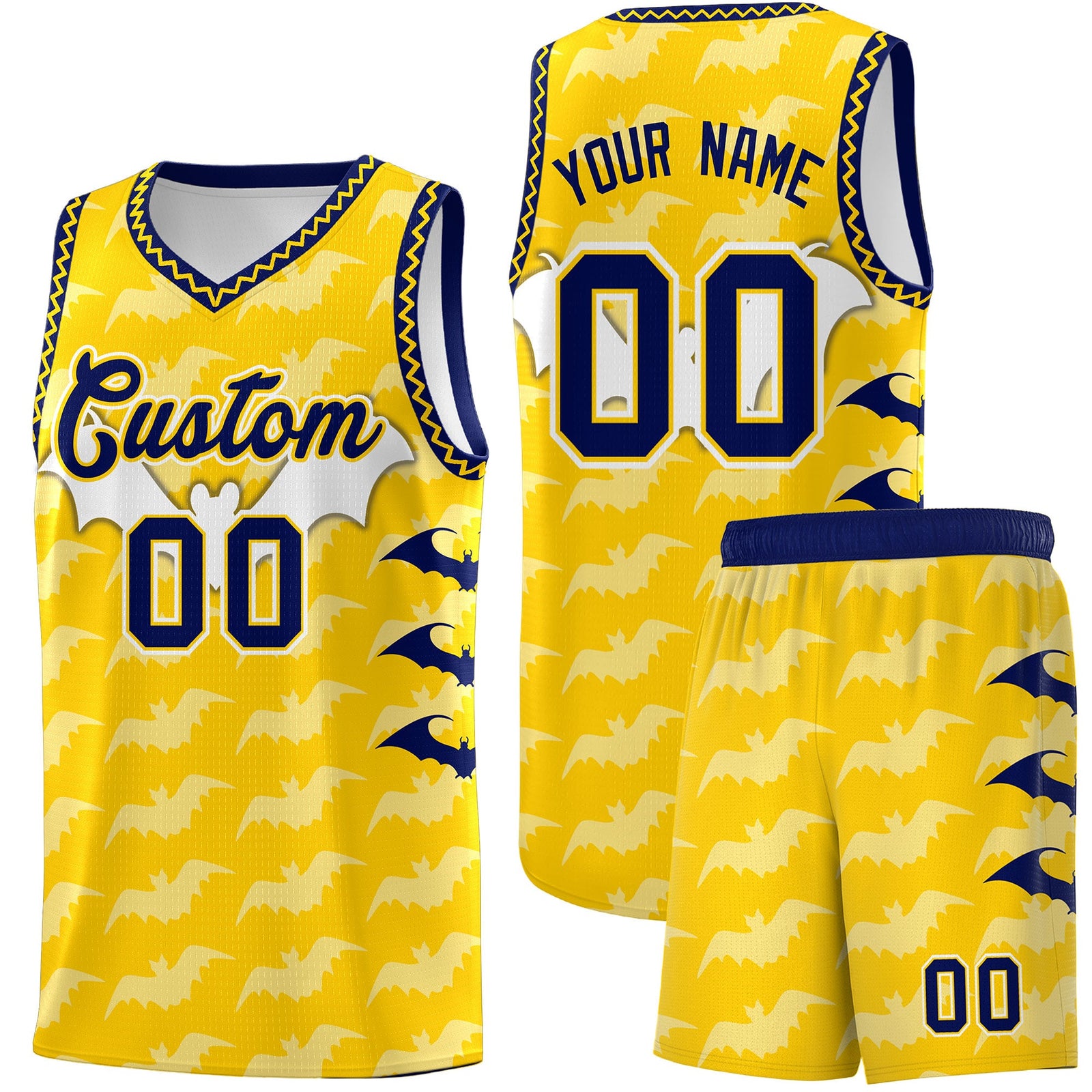 Custom Gold White Navy Bat Pattern Halloween Basketball Jersey | For Men,For Kid,For Youth,Sublimation Printed,Perfect for Training,Perfect for Parties,Add Name and Numbern | KXKSHOP