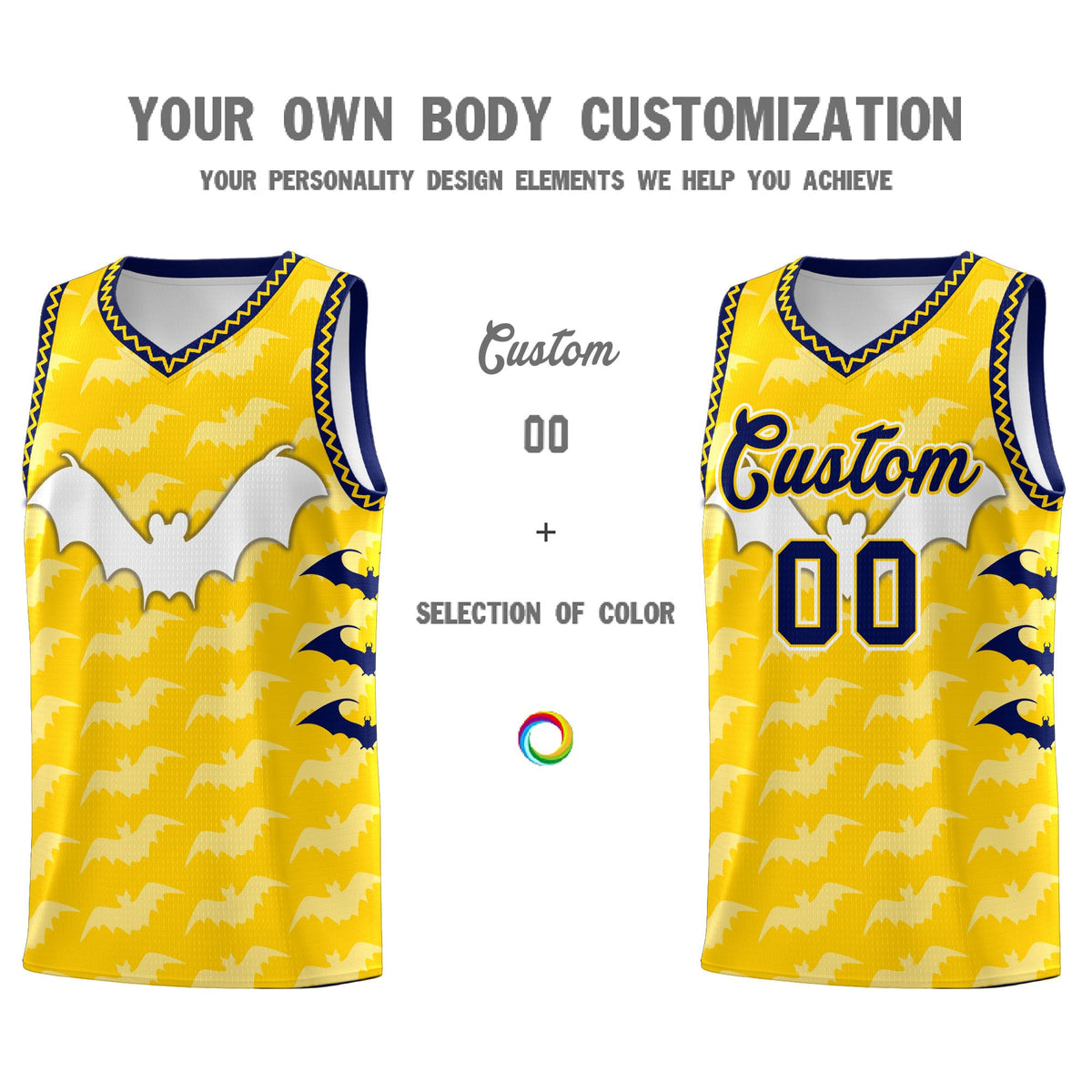 Custom Gold White Navy Bat Pattern Halloween Basketball Jersey | For Men,For Kid,For Youth,Sublimation Printed,Perfect for Training,Perfect for Parties,Add Name and Numbern | KXKSHOP