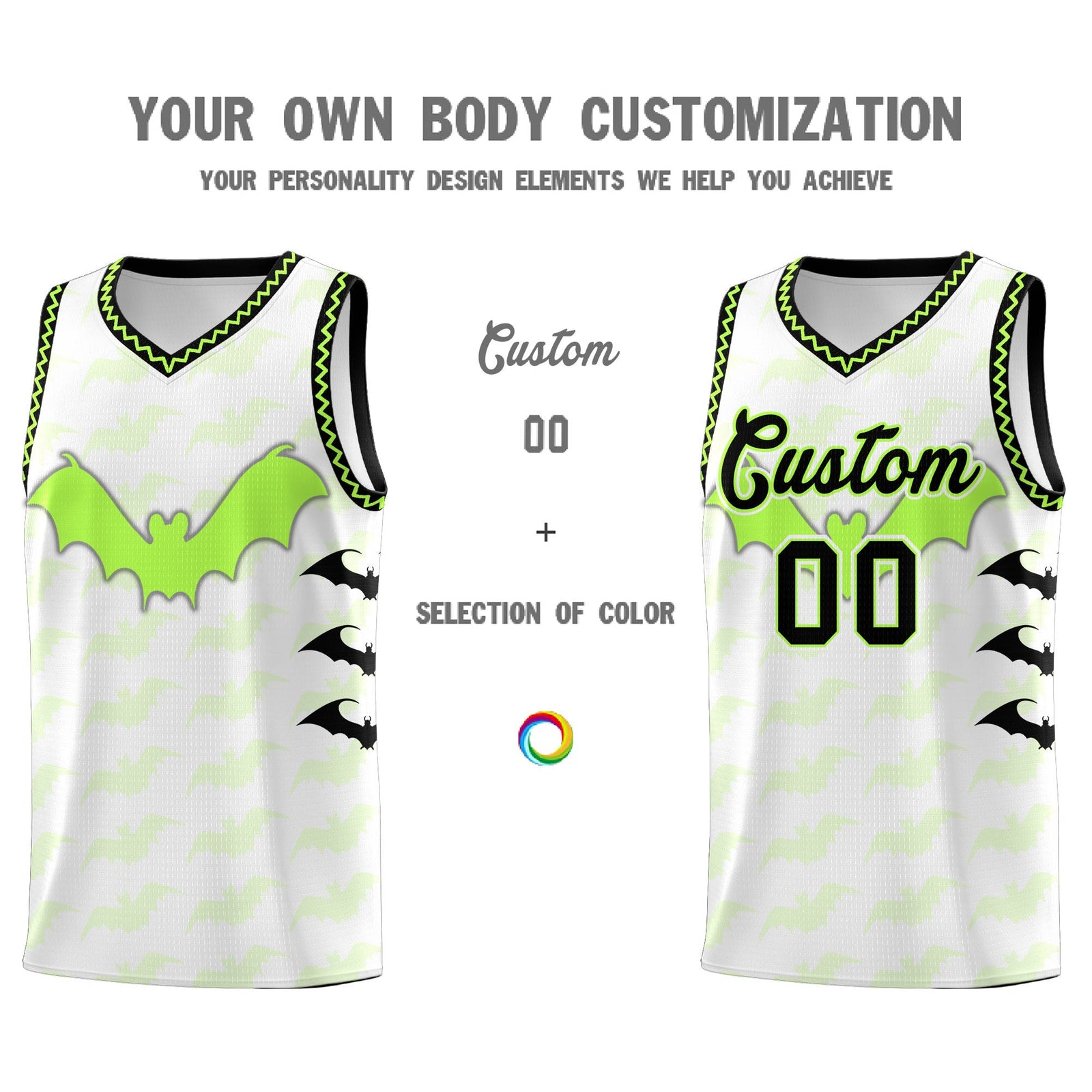 Custom White Fluorescent Green Black Bat Pattern Halloween Basketball Jersey | For Men,For Kid,For Youth,Sublimation Printed,Perfect for Training,Perfect for Parties,Add Name and Numbern | KXKSHOP