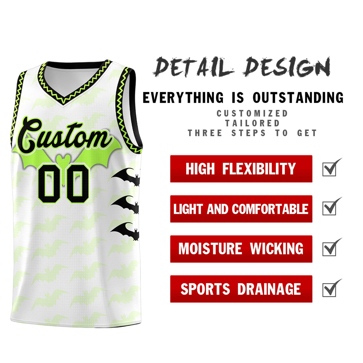 Custom White Fluorescent Green Black Bat Pattern Halloween Basketball Jersey | For Men,For Kid,For Youth,Sublimation Printed,Perfect for Training,Perfect for Parties,Add Name and Numbern | KXKSHOP