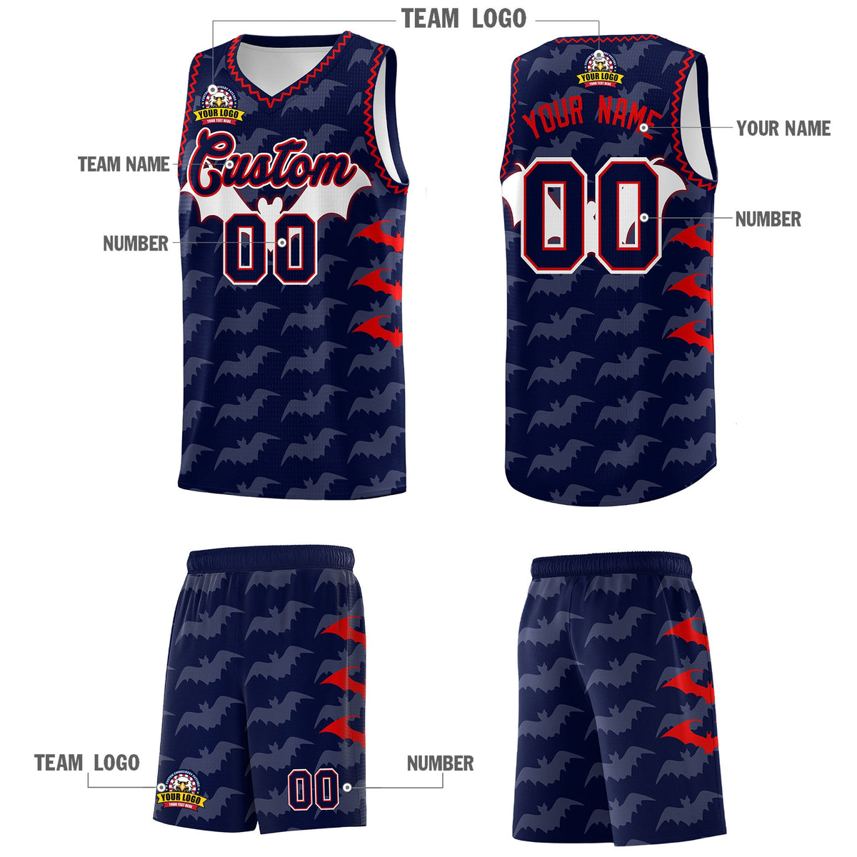 Custom Navy Red Bat Pattern Halloween Basketball Jersey | For Men,For Kid,For Youth,Sublimation Printed,Perfect for Training,Perfect for Parties,Add Name and Numbern | KXKSHOP