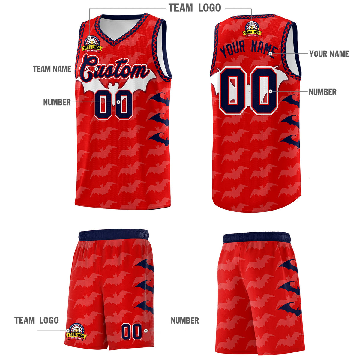 Custom Red White Navy Bat Pattern Halloween Basketball Jersey | For Men,For Kid,For Youth,Sublimation Printed,Perfect for Training,Perfect for Parties,Add Name and Numbern | KXKSHOP