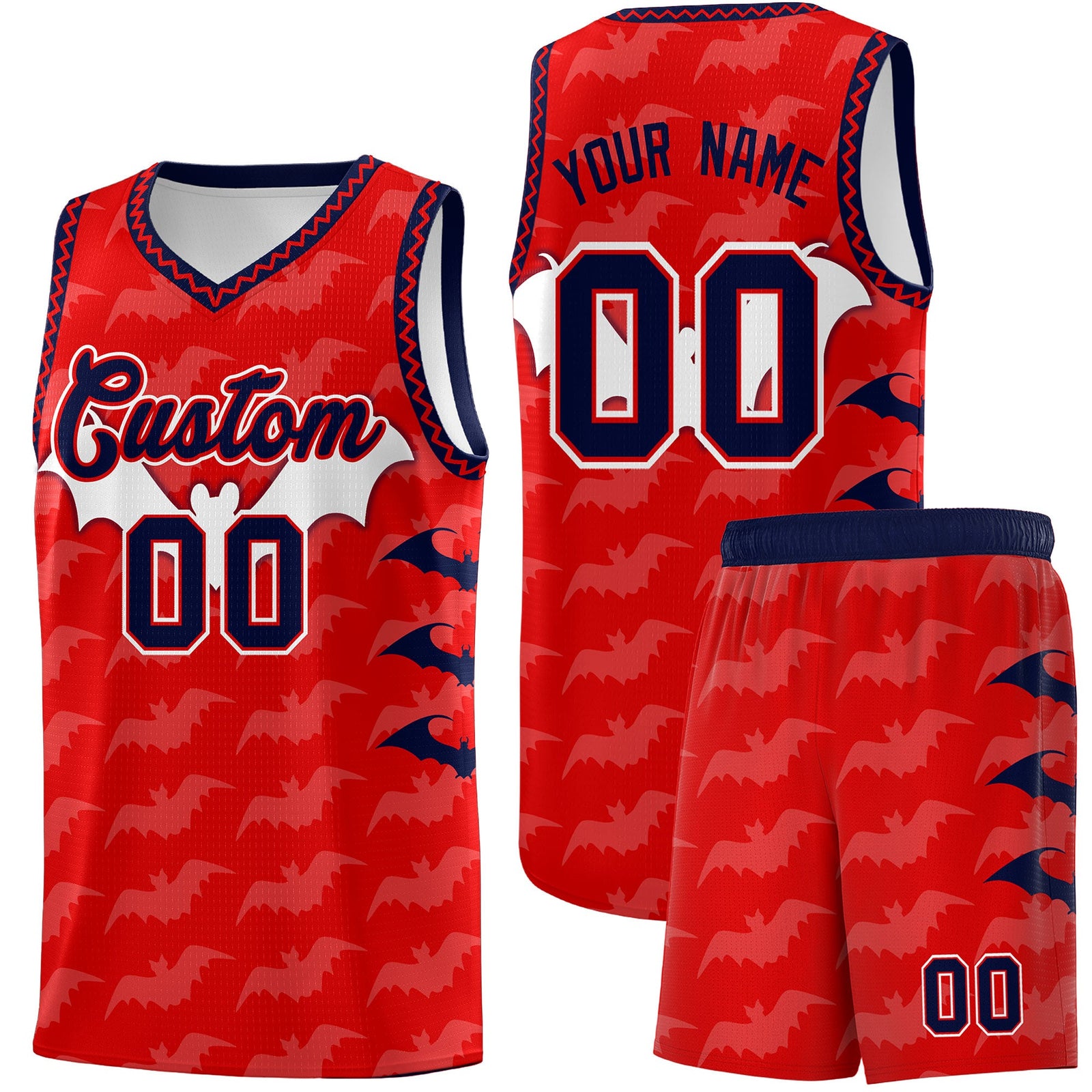 Custom Red White Navy Bat Pattern Halloween Basketball Jersey | For Men,For Kid,For Youth,Sublimation Printed,Perfect for Training,Perfect for Parties,Add Name and Numbern | KXKSHOP