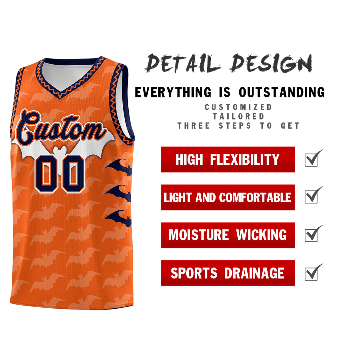 Custom Orange Navy Bat Pattern Halloween Basketball Jersey | For Men,For Kid,For Youth,Sublimation Printed,Perfect for Training,Perfect for Parties,Add Name and Numbern | KXKSHOP