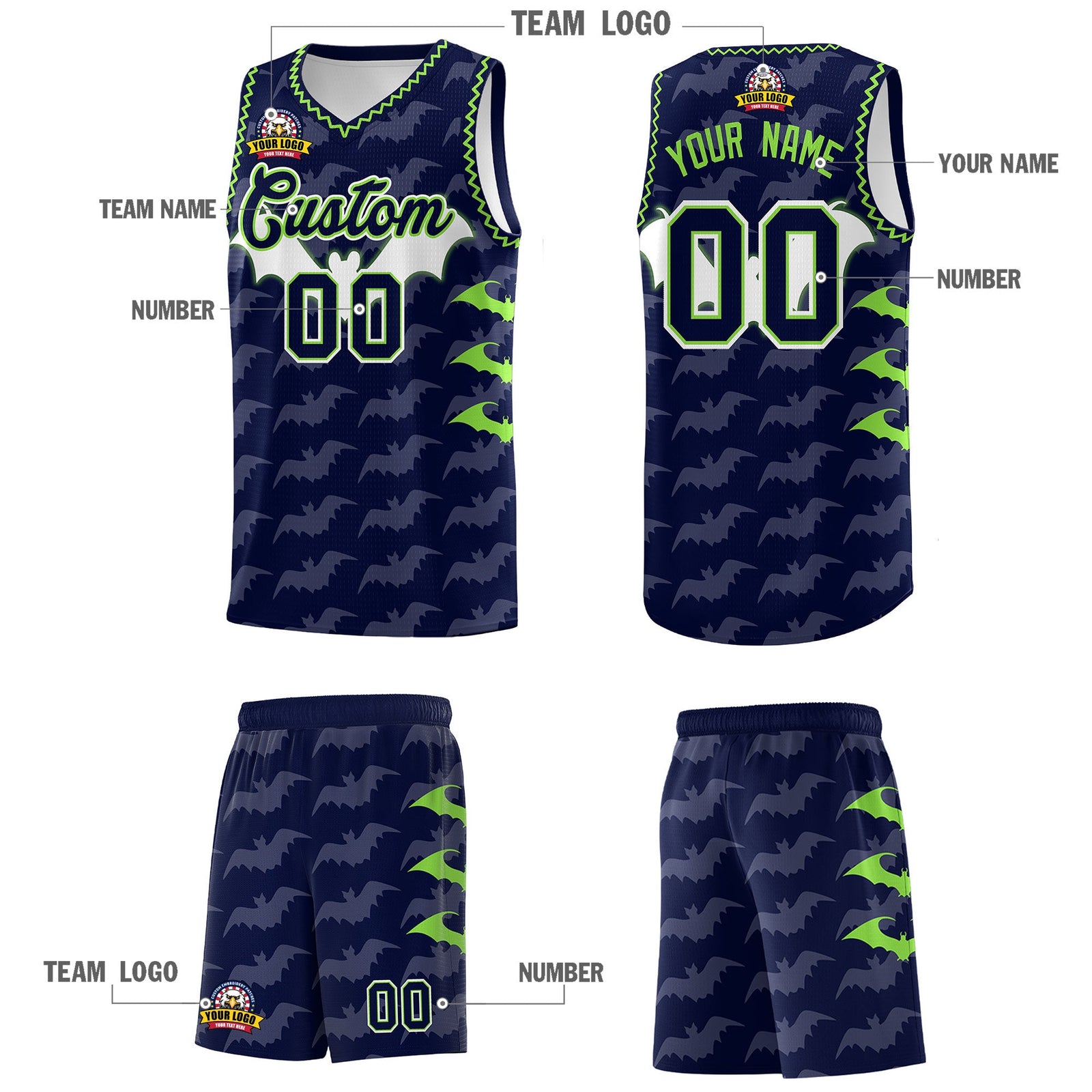 Custom Navy Fluorescent Green Bat Pattern Halloween Basketball Jersey | For Men,For Kid,For Youth,Sublimation Printed,Perfect for Training,Perfect for Parties,Add Name and Numbern | KXKSHOP