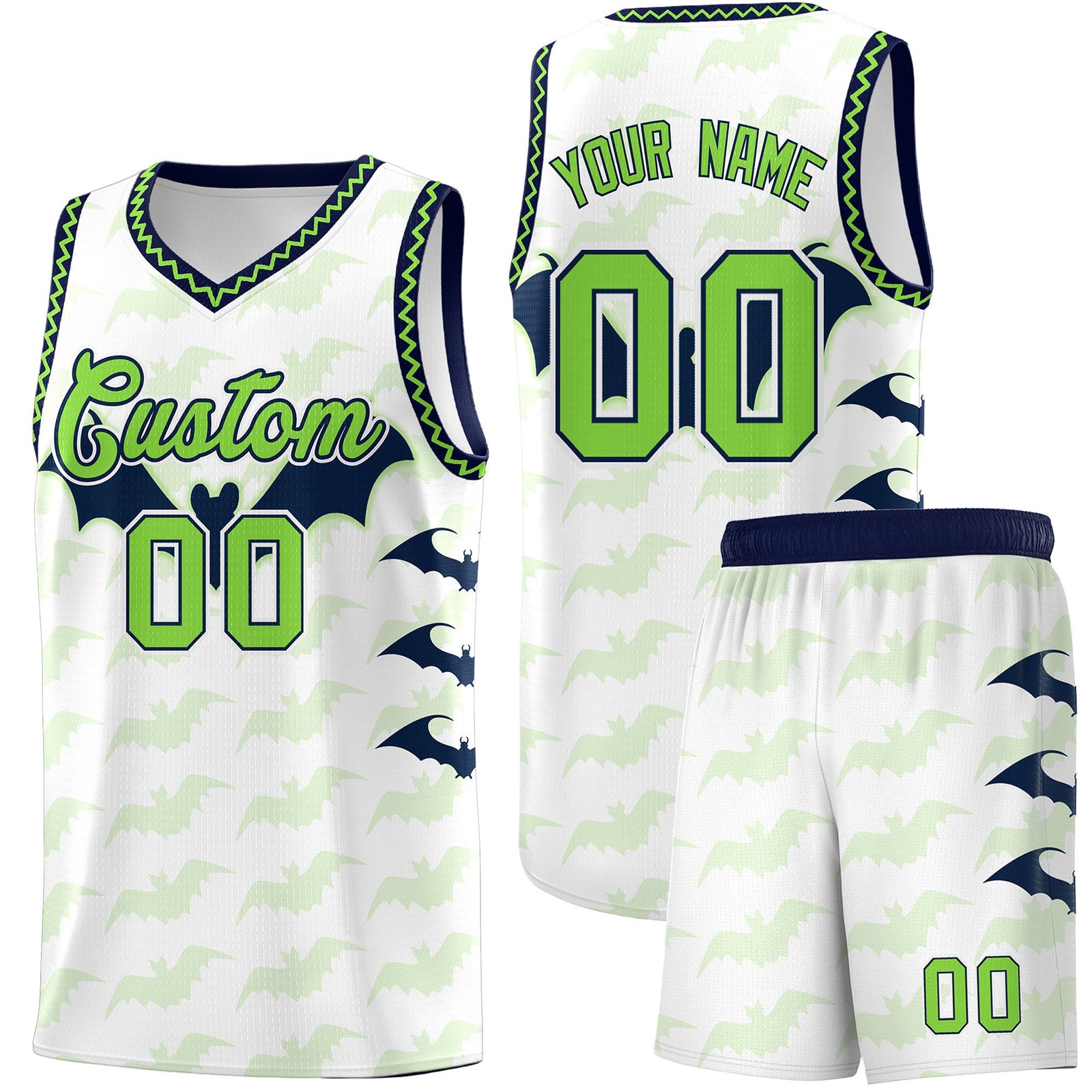 Custom White Fluorescent Green Navy Bat Pattern Halloween Basketball Jersey | For Men,For Kid,For Youth,Sublimation Printed,Perfect for Training,Perfect for Parties,Add Name and Numbern | KXKSHOP