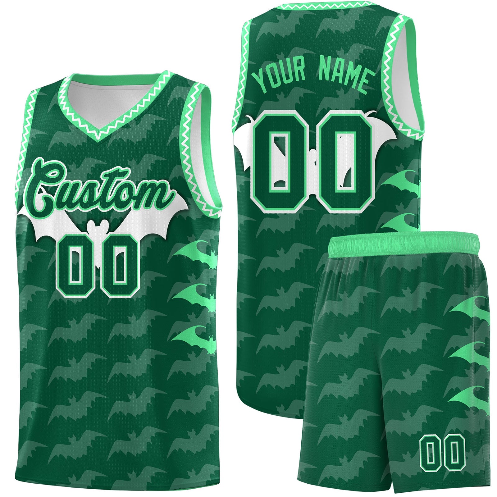Custom Kelly Green White Green Bat Pattern Halloween Basketball Jersey | For Men,For Kid,For Youth,Sublimation Printed,Perfect for Training,Perfect for Parties,Add Name and Numbern | KXKSHOP