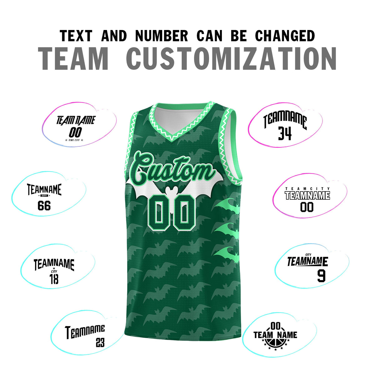 Custom Kelly Green White Green Bat Pattern Halloween Basketball Jersey | For Men,For Kid,For Youth,Sublimation Printed,Perfect for Training,Perfect for Parties,Add Name and Numbern | KXKSHOP