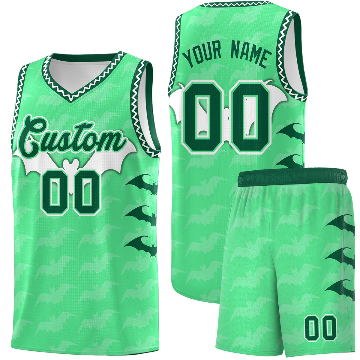 Custom Green White Bat Pattern Halloween Basketball Jersey | For Men,For Kid,For Youth,Sublimation Printed,Perfect for Training,Perfect for Parties,Add Name and Numbern | KXKSHOP