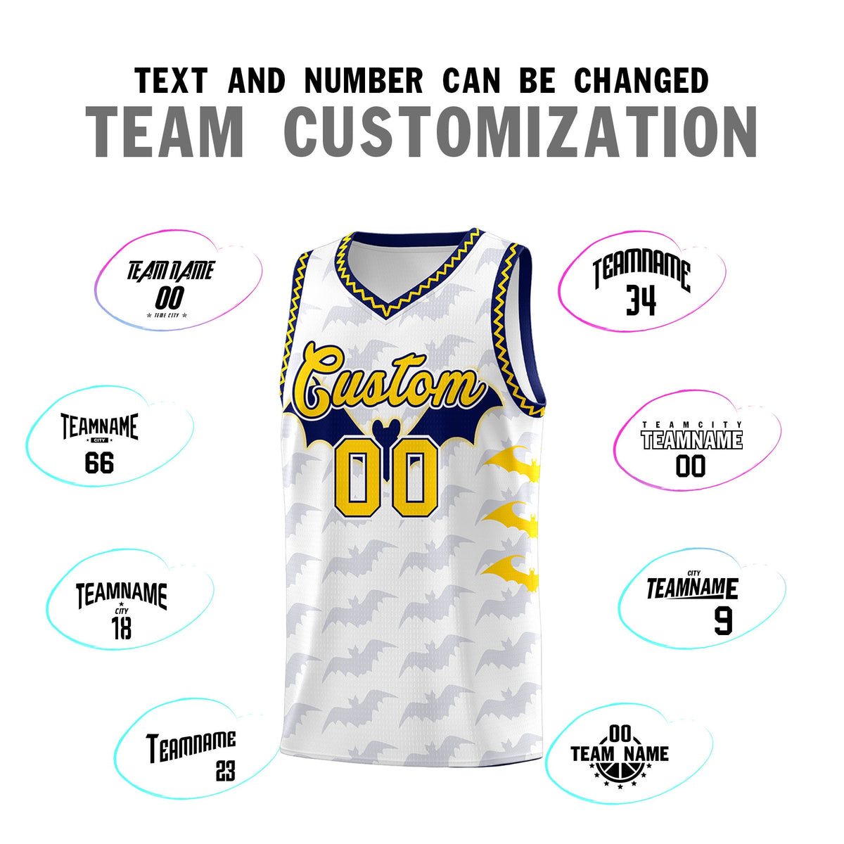 Custom White Gold Navy Bat Pattern Halloween Basketball Jersey | For Men,For Kid,For Youth,Sublimation Printed,Perfect for Training,Perfect for Parties,Add Name and Numbern | KXKSHOP