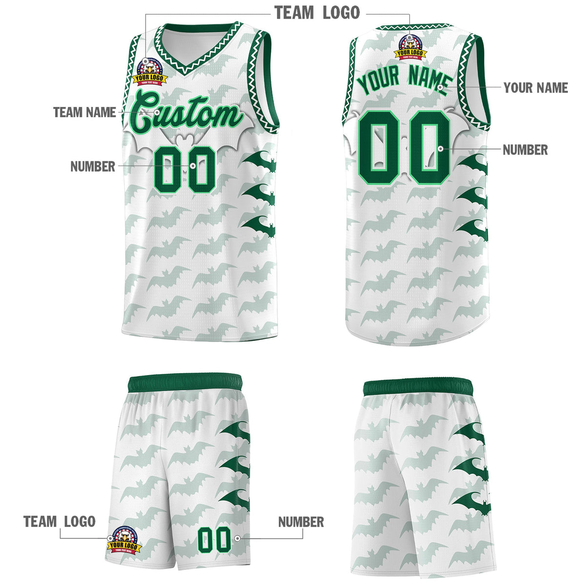Custom White Kelly Green Bat Pattern Halloween Basketball Jersey | For Men,For Kid,For Youth,Sublimation Printed,Perfect for Training,Perfect for Parties,Add Name and Numbern | KXKSHOP