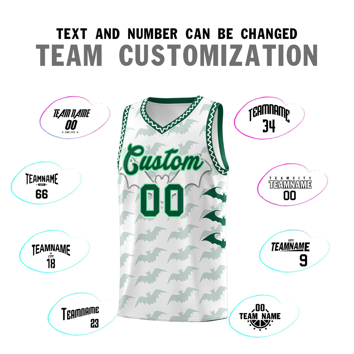 Custom White Kelly Green Bat Pattern Halloween Basketball Jersey | For Men,For Kid,For Youth,Sublimation Printed,Perfect for Training,Perfect for Parties,Add Name and Numbern | KXKSHOP