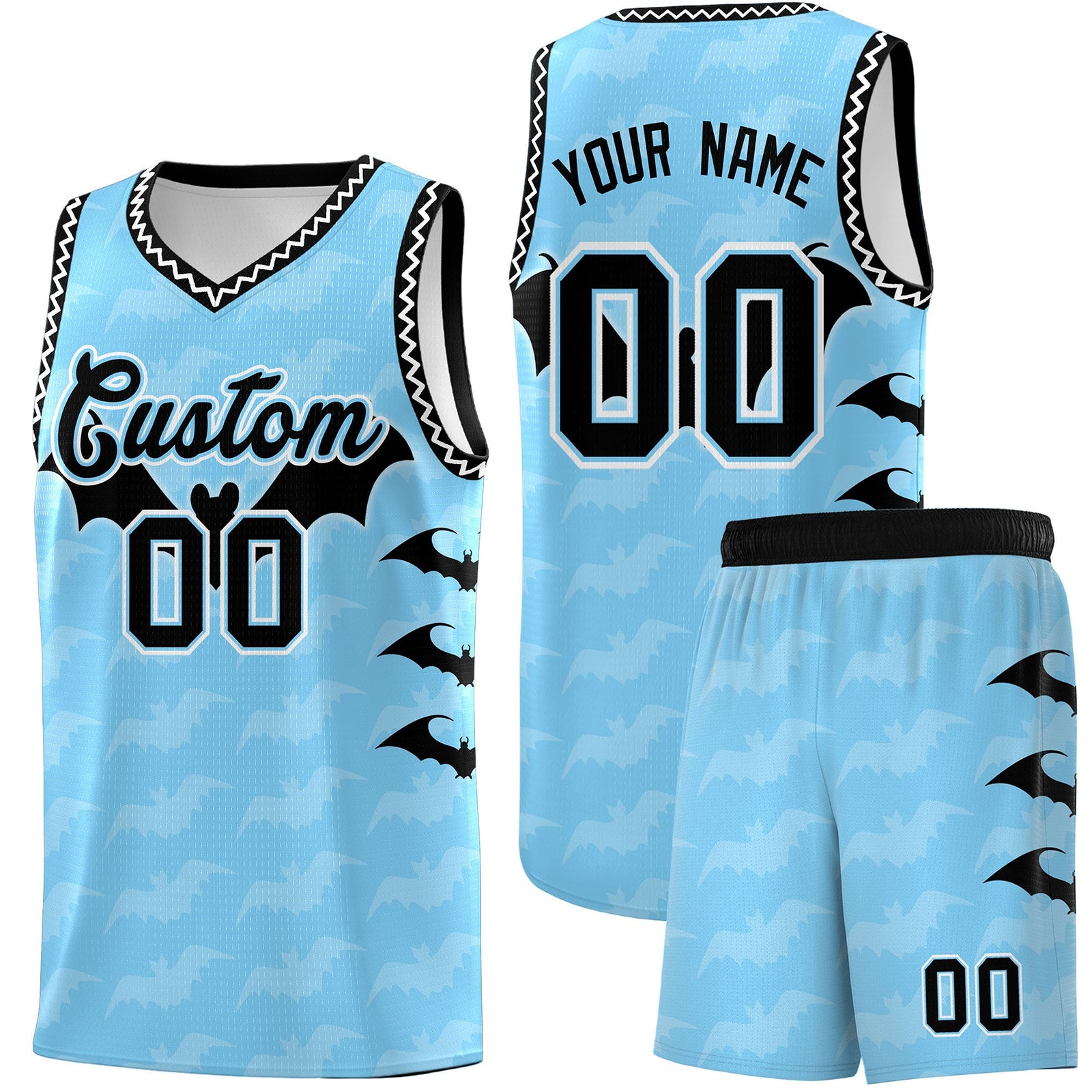 Custom Light Blue White Black Bat Pattern Halloween Basketball Jersey | For Men,For Kid,For Youth,Sublimation Printed,Perfect for Training,Perfect for Parties,Add Name and Numbern | KXKSHOP