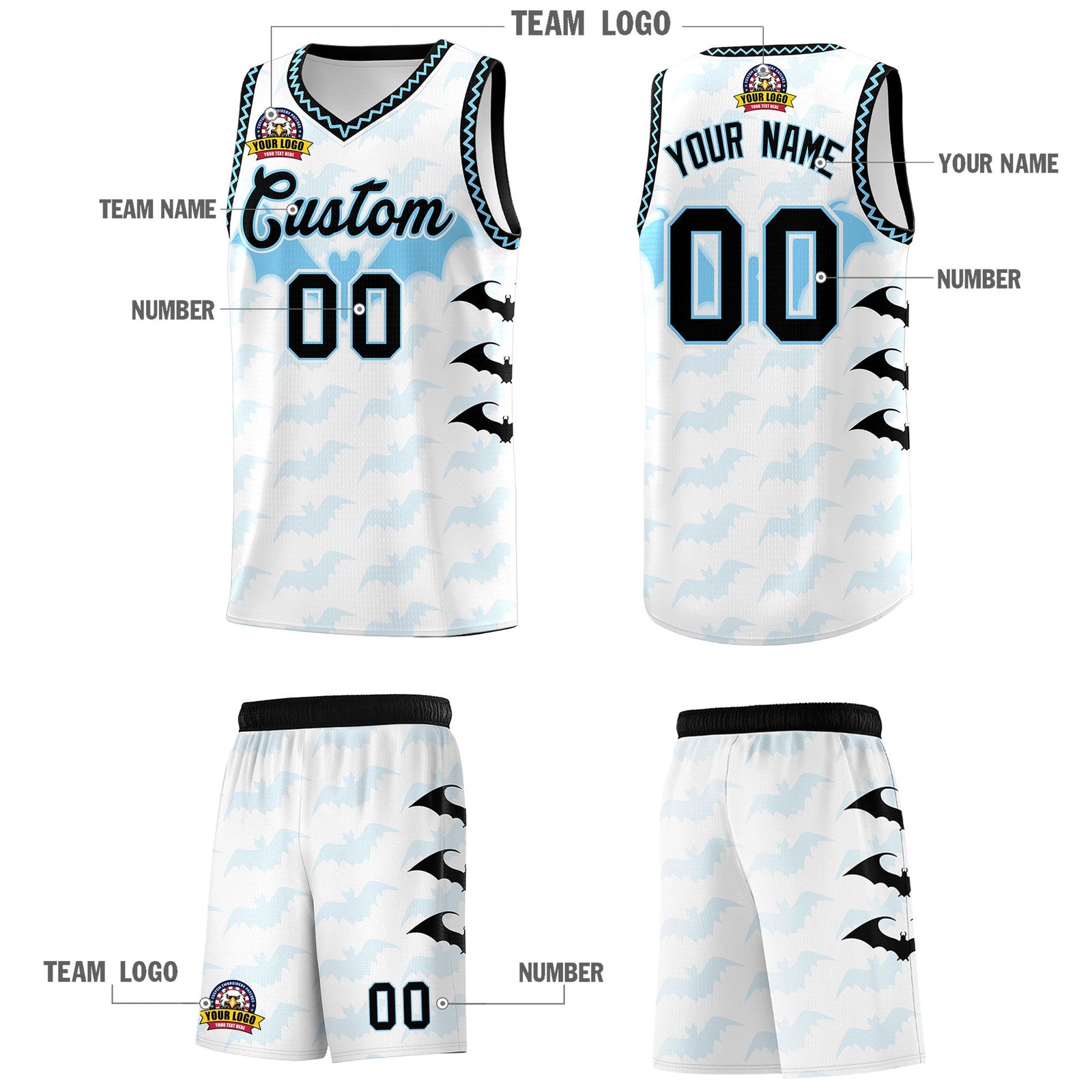 Custom White Light Blue Bat Pattern Halloween Basketball Jersey | For Men,For Kid,For Youth,Sublimation Printed,Perfect for Training,Perfect for Parties,Add Name and Numbern | KXKSHOP