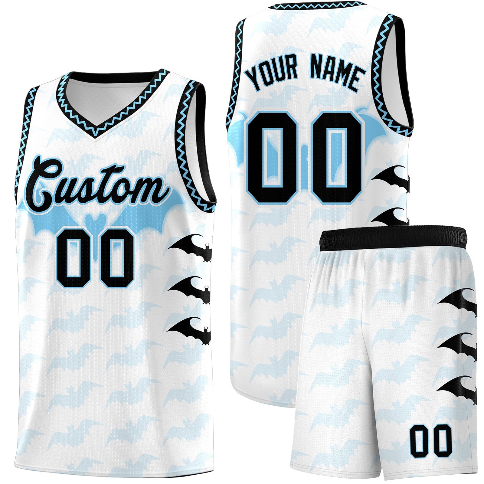 Custom White Light Blue Bat Pattern Halloween Basketball Jersey | For Men,For Kid,For Youth,Sublimation Printed,Perfect for Training,Perfect for Parties,Add Name and Numbern | KXKSHOP