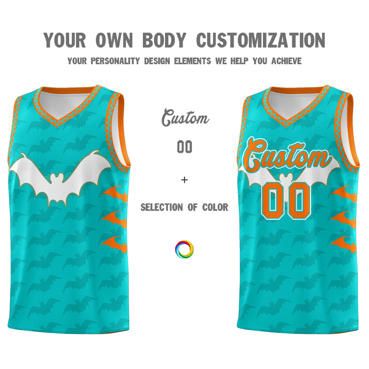Custom Aqua Orange Bat Pattern Halloween Basketball Jersey | For Men,For Kid,For Youth,Sublimation Printed,Perfect for Training,Perfect for Parties,Add Name and Numbern | KXKSHOP