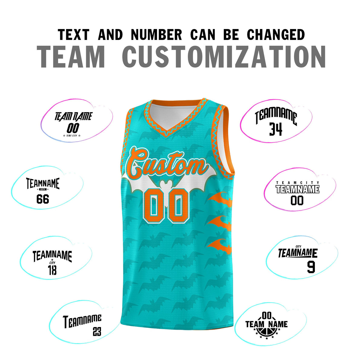 Custom Aqua Orange Bat Pattern Halloween Basketball Jersey | For Men,For Kid,For Youth,Sublimation Printed,Perfect for Training,Perfect for Parties,Add Name and Numbern | KXKSHOP