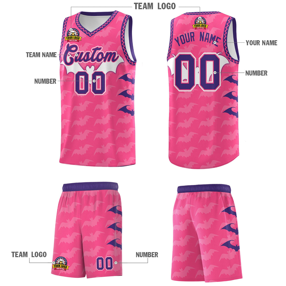 Custom Pink Purple Bat Pattern Halloween Basketball Jersey | For Men,For Kid,For Youth,Sublimation Printed,Perfect for Training,Perfect for Parties,Add Name and Numbern | KXKSHOP