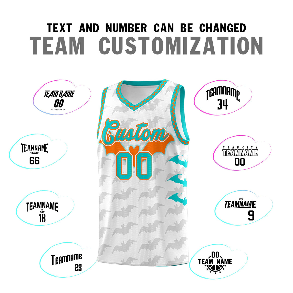 Custom White Orange Aqua Bat Pattern Halloween Basketball Jersey | For Men,For Kid,For Youth,Sublimation Printed,Perfect for Training,Perfect for Parties,Add Name and Numbern | KXKSHOP