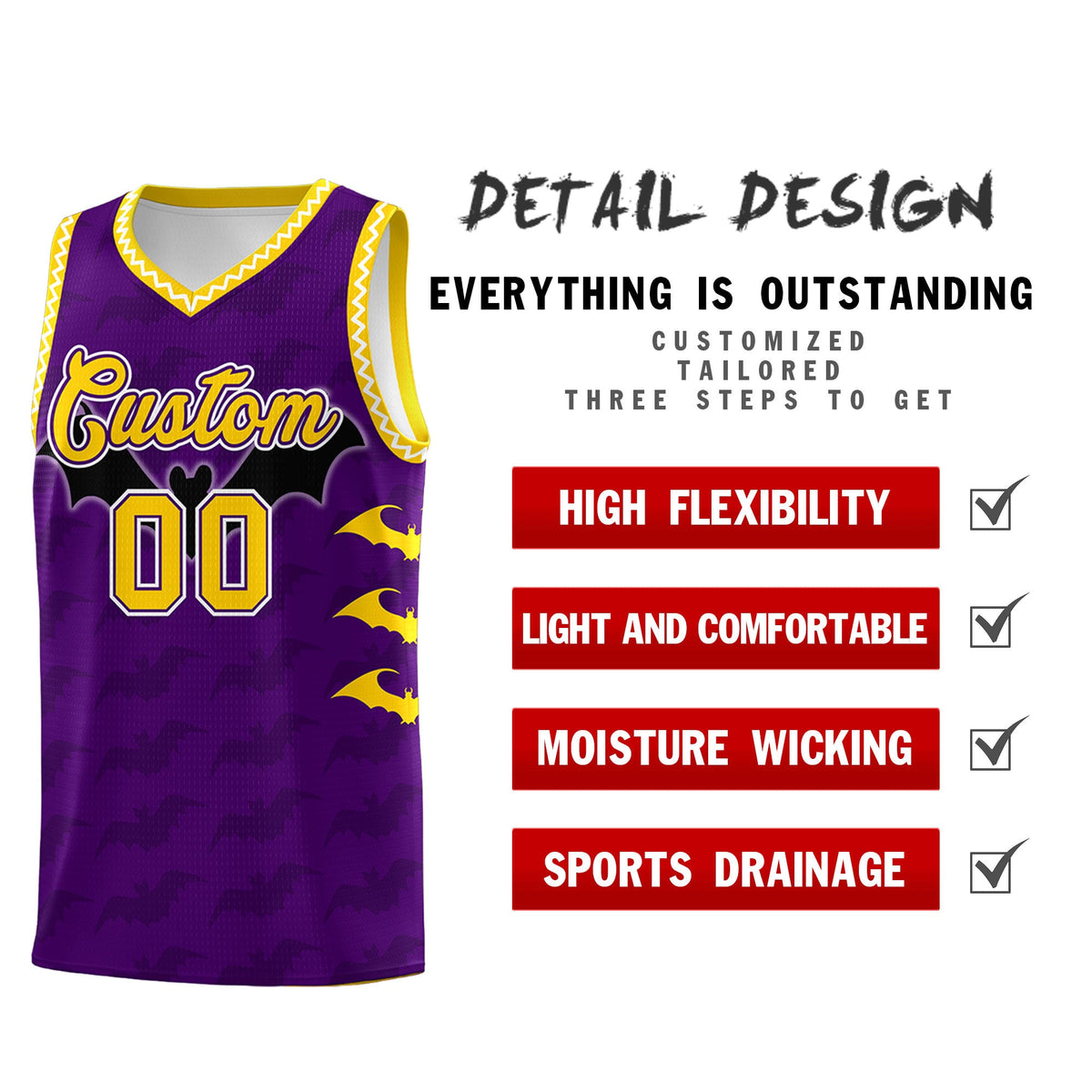 Custom Purple Gold White Bat Pattern Halloween Basketball Jersey | For Men,For Kid,For Youth,Sublimation Printed,Perfect for Training,Perfect for Parties,Add Name and Numbern | KXKSHOP