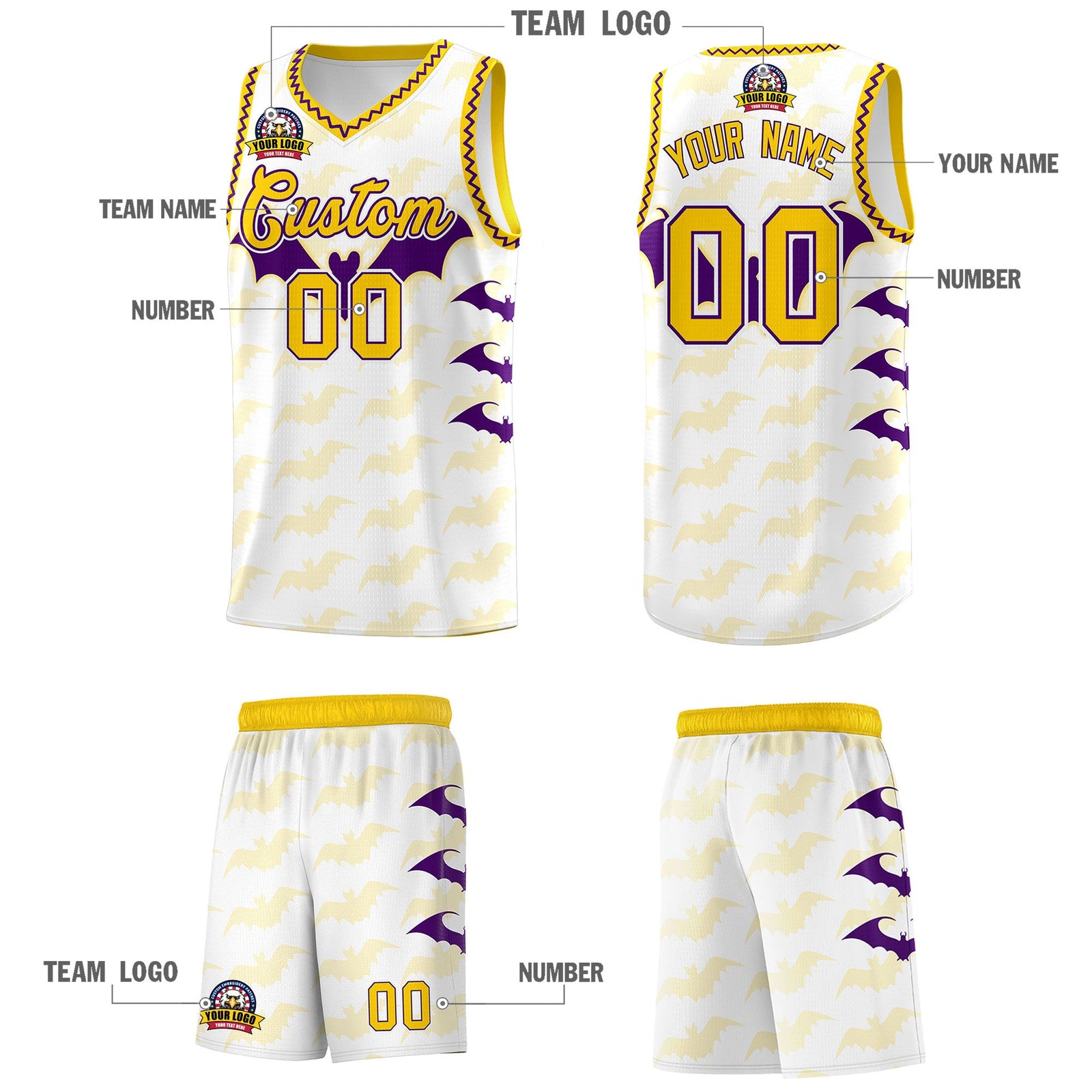 Custom White Purple Gold Bat Pattern Halloween Basketball Jersey | For Men,For Kid,For Youth,Sublimation Printed,Perfect for Training,Perfect for Parties,Add Name and Numbern | KXKSHOP