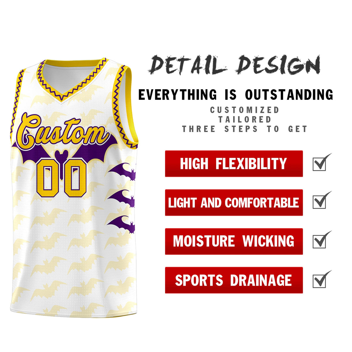 Custom White Purple Gold Bat Pattern Halloween Basketball Jersey | For Men,For Kid,For Youth,Sublimation Printed,Perfect for Training,Perfect for Parties,Add Name and Numbern | KXKSHOP