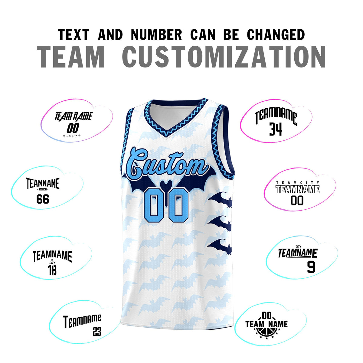 Custom White Powder Blue Bat Pattern Halloween Basketball Jersey | For Men,For Kid,For Youth,Sublimation Printed,Perfect for Training,Perfect for Parties,Add Name and Numbern | KXKSHOP