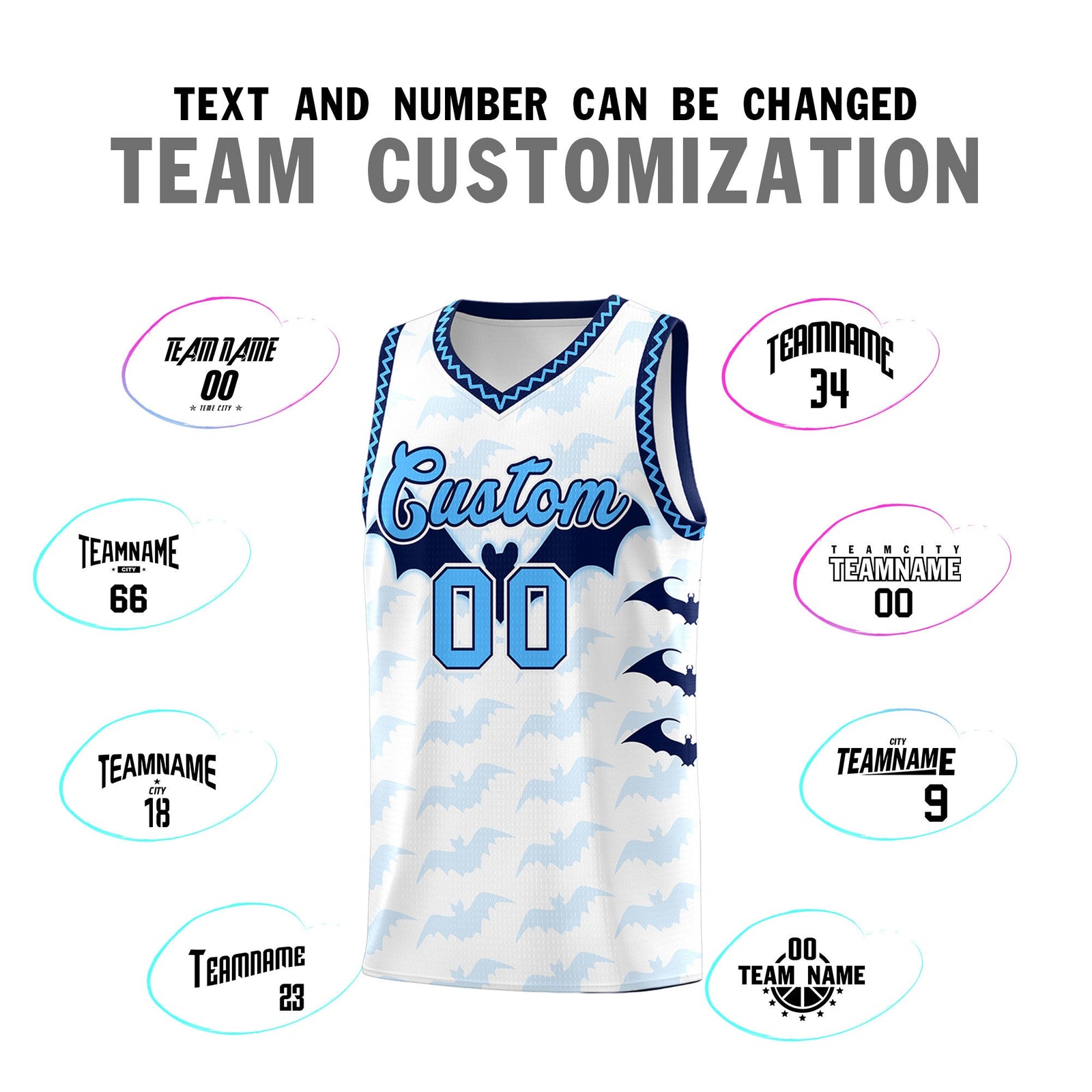 Custom White Powder Blue Bat Pattern Halloween Basketball Jersey | For Men,For Kid,For Youth,Sublimation Printed,Perfect for Training,Perfect for Parties,Add Name and Numbern | KXKSHOP