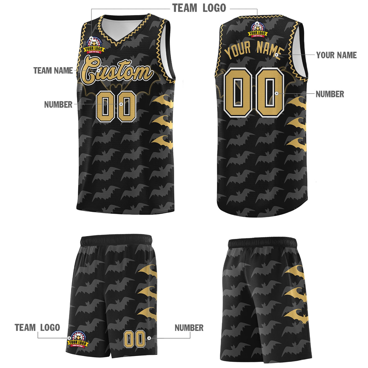 Custom Black Old Gold White Bat Pattern Halloween Basketball Jersey | For Men,For Kid,For Youth,Sublimation Printed,Perfect for Training,Perfect for Parties,Add Name and Numbern | KXKSHOP