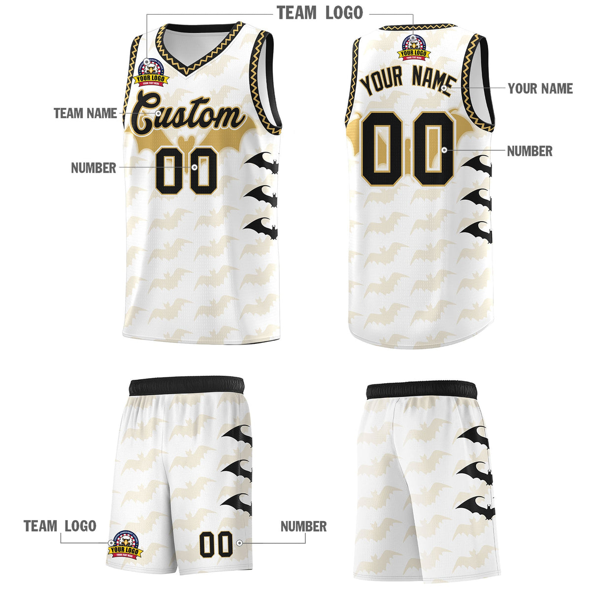 Custom White Old Gold Bat Pattern Halloween Basketball Jersey | For Men,For Kid,For Youth,Sublimation Printed,Perfect for Training,Perfect for Parties,Add Name and Numbern | KXKSHOP