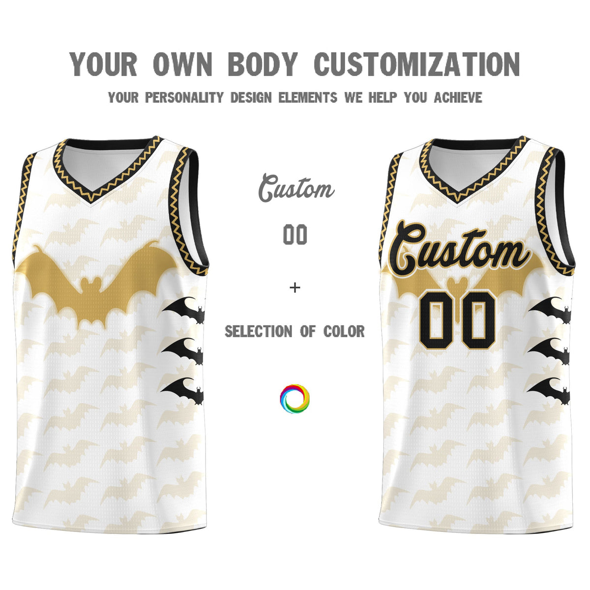 Custom White Old Gold Bat Pattern Halloween Basketball Jersey | For Men,For Kid,For Youth,Sublimation Printed,Perfect for Training,Perfect for Parties,Add Name and Numbern | KXKSHOP