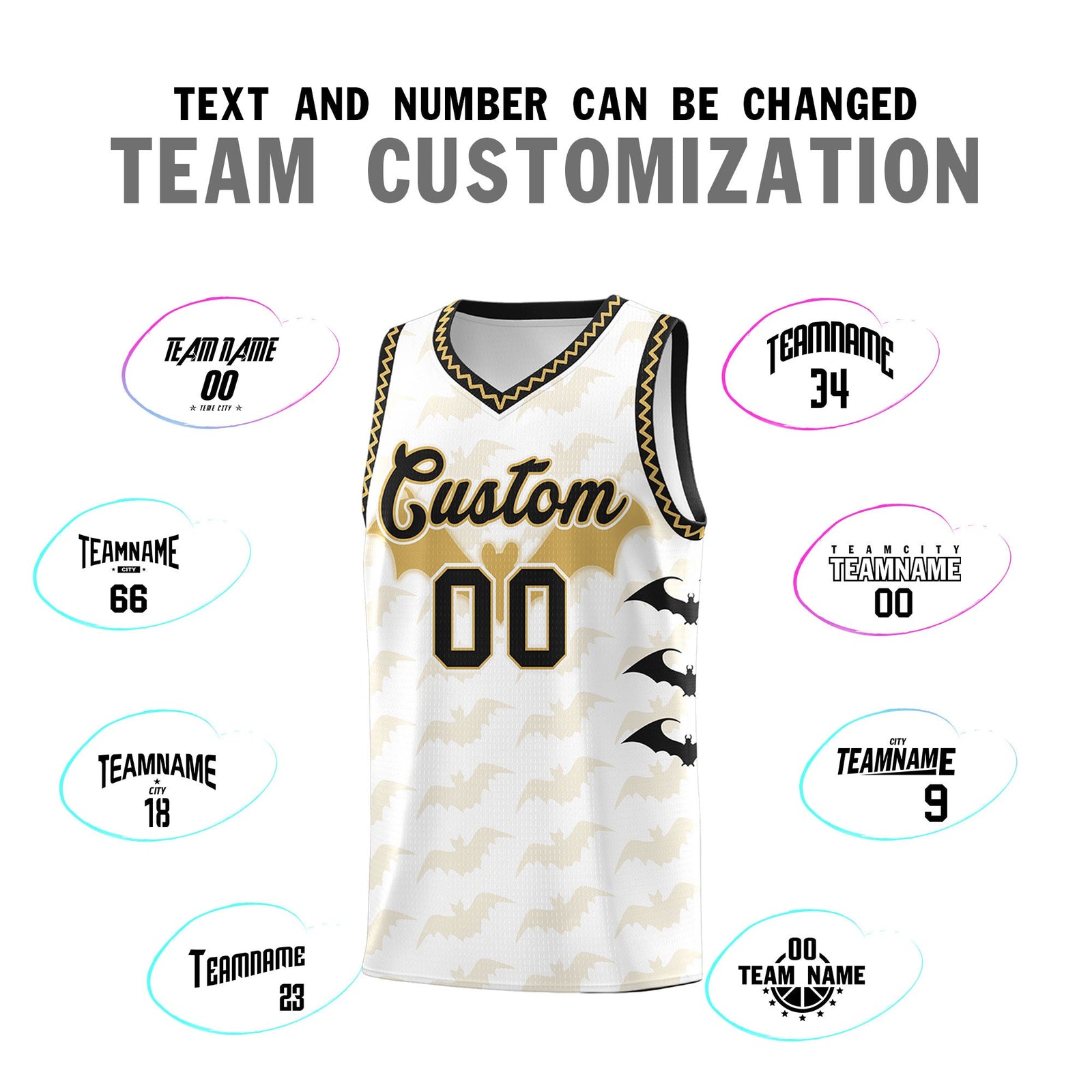 Custom White Old Gold Bat Pattern Halloween Basketball Jersey | For Men,For Kid,For Youth,Sublimation Printed,Perfect for Training,Perfect for Parties,Add Name and Numbern | KXKSHOP