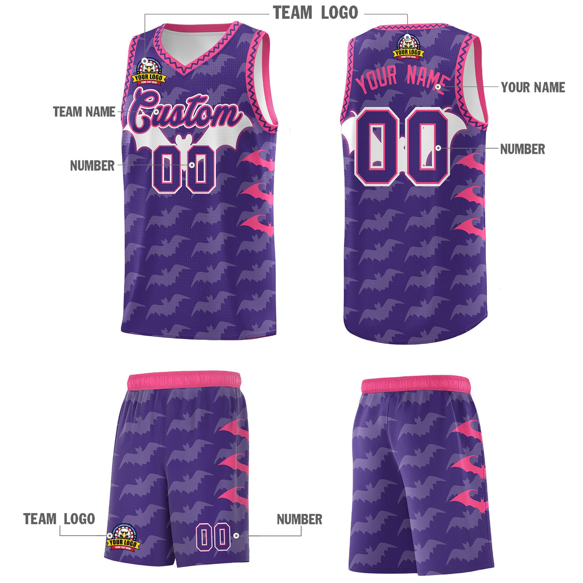 Custom Purple White Pink Bat Pattern Halloween Basketball Jersey | For Men,For Kid,For Youth,Sublimation Printed,Perfect for Training,Perfect for Parties,Add Name and Numbern | KXKSHOP