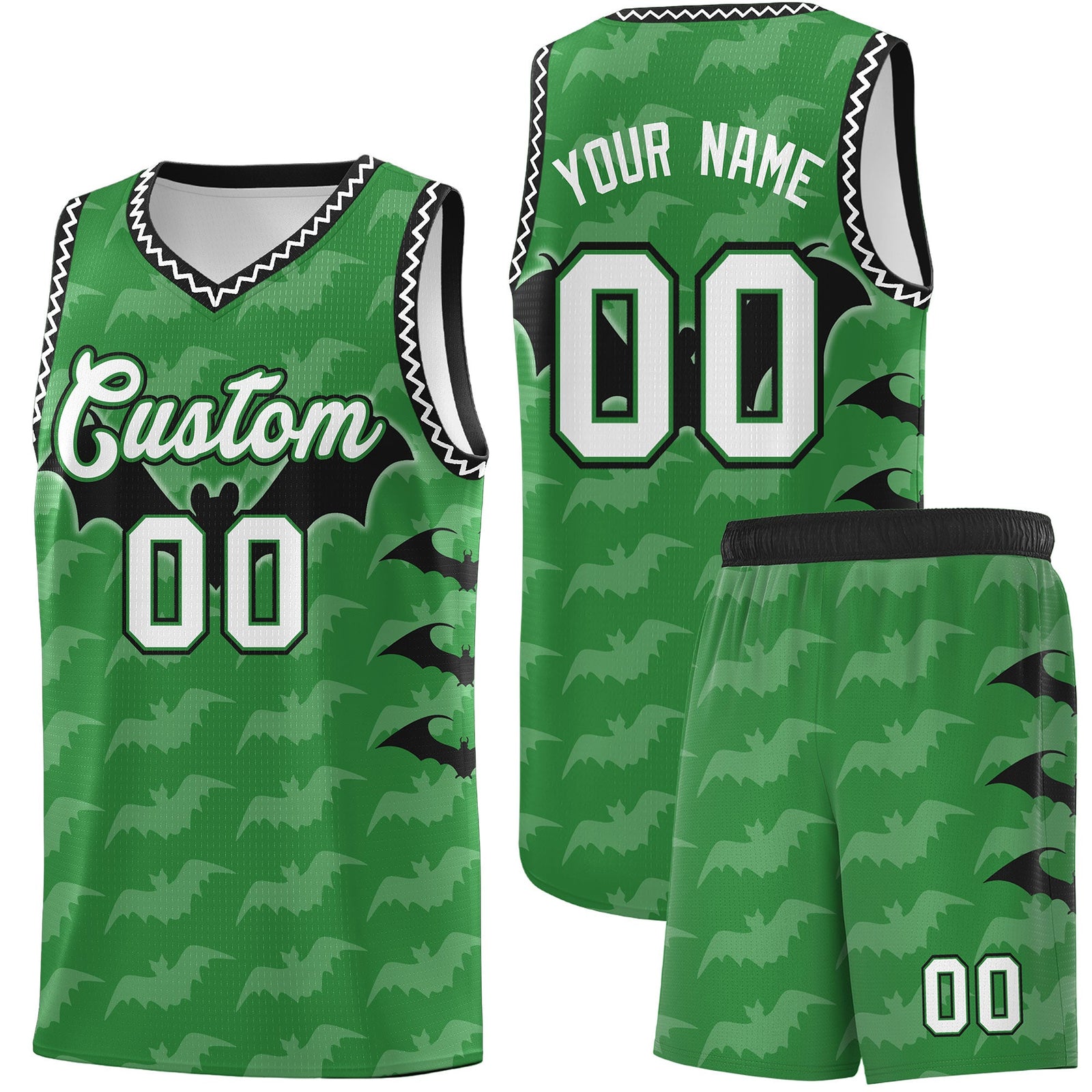 Custom Kelly Green White Black Bat Pattern Halloween Basketball Jersey | For Men,For Kid,For Youth,Sublimation Printed,Perfect for Training,Perfect for Parties,Add Name and Numbern | KXKSHOP