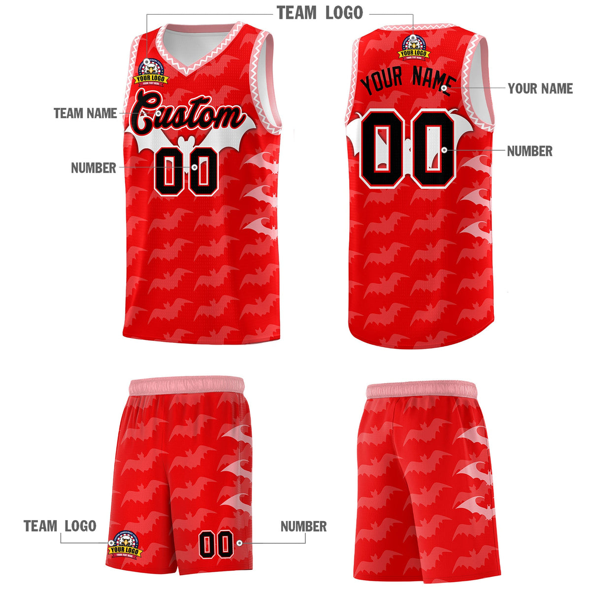 Custom Light Red White Bat Pattern Halloween Basketball Jersey | For Men,For Kid,For Youth,Sublimation Printed,Perfect for Training,Perfect for Parties,Add Name and Numbern | KXKSHOP