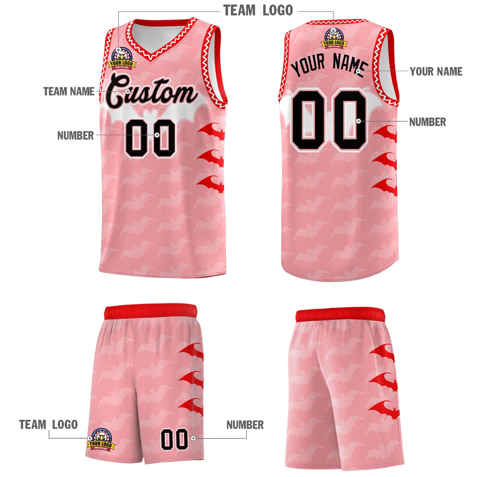 Custom Light Pink White Bat Pattern Halloween Basketball Jersey | For Men,For Kid,For Youth,Sublimation Printed,Perfect for Training,Perfect for Parties,Add Name and Numbern | KXKSHOP