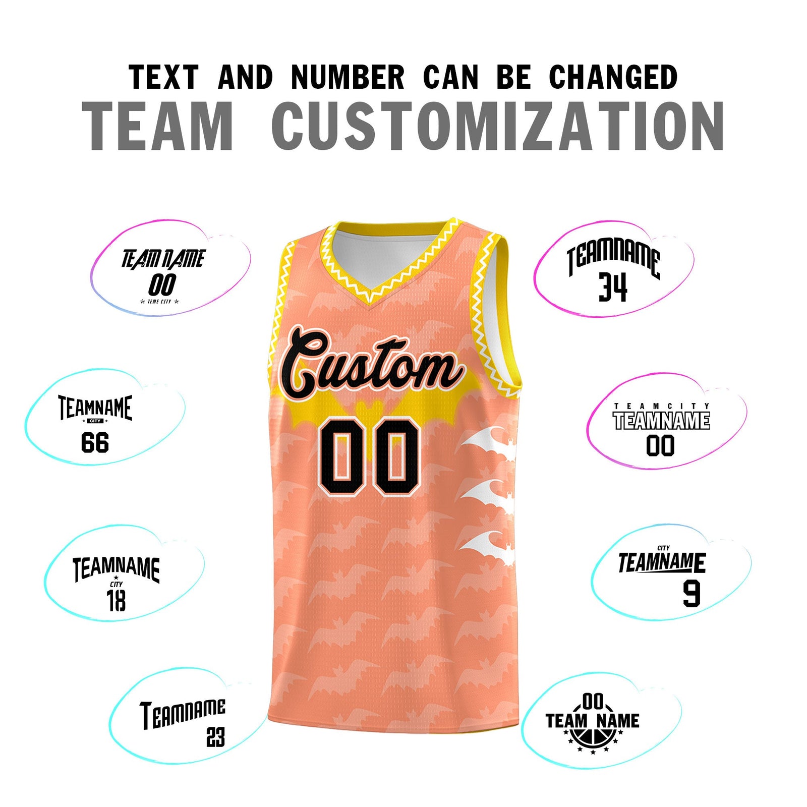 Custom Light Orange White Bat Pattern Halloween Basketball Jersey | For Men,For Kid,For Youth,Sublimation Printed,Perfect for Training,Perfect for Parties,Add Name and Numbern | KXKSHOP
