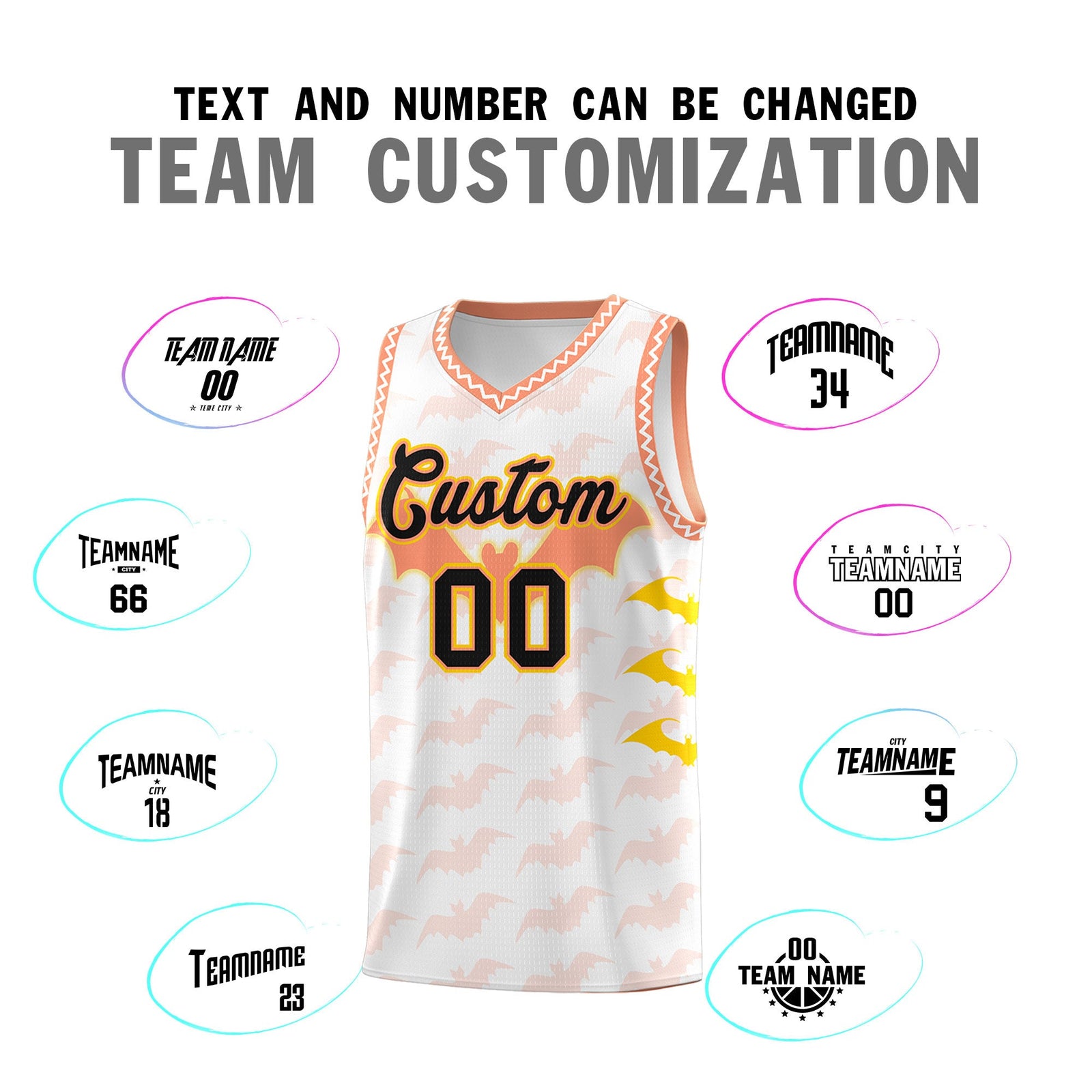 Custom White Gold Light Orange Bat Pattern Halloween Basketball Jersey | For Men,For Kid,For Youth,Sublimation Printed,Perfect for Training,Perfect for Parties,Add Name and Numbern | KXKSHOP