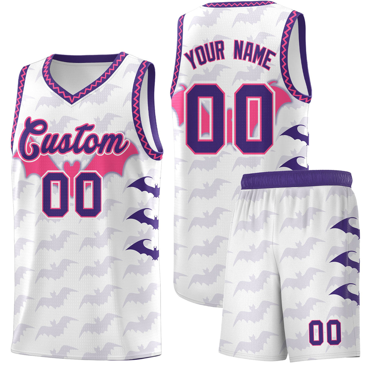 Custom White Pink Purple Bat Pattern Halloween Basketball Jersey | For Men,For Kid,For Youth,Sublimation Printed,Perfect for Training,Perfect for Parties,Add Name and Numbern | KXKSHOP