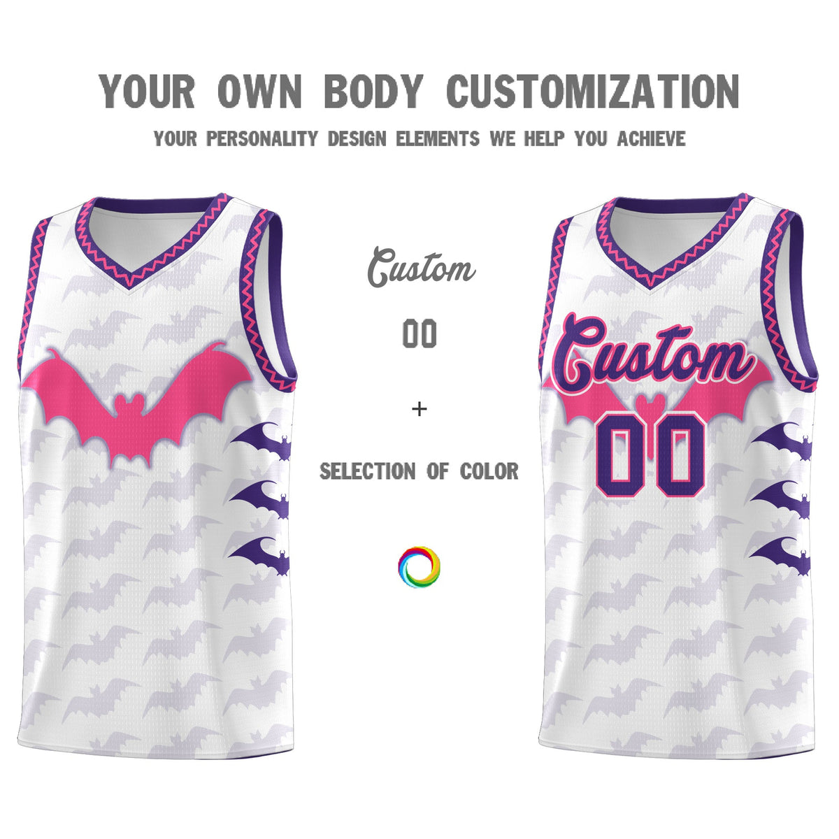 Custom White Pink Purple Bat Pattern Halloween Basketball Jersey | For Men,For Kid,For Youth,Sublimation Printed,Perfect for Training,Perfect for Parties,Add Name and Numbern | KXKSHOP